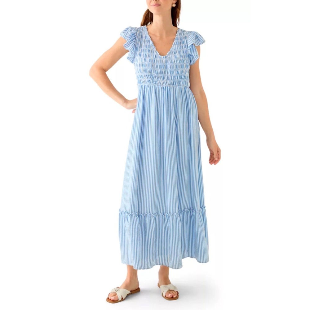 Maison Tara Blue White Seersucker Stripe Smocked Maxi Dress 12 97105M